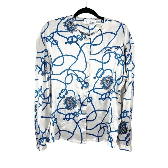 VTG Oscar de la Renta Expressions Woman's Sz 10 White & Blue Rope Satin Blouse - Picture 1 of 9